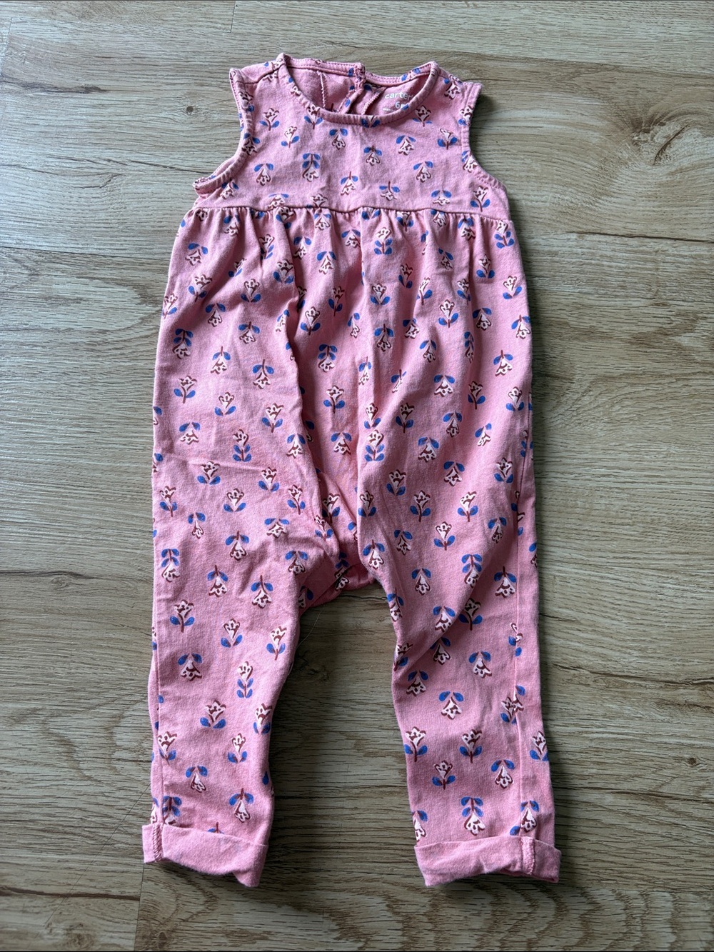 Carter's Pink Floral Sleeveless Romper with Blue Accent Print